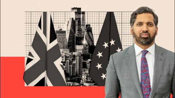 Composite showing BBC economics editor Faisal Islam standing in front of a British flag and an EU flag